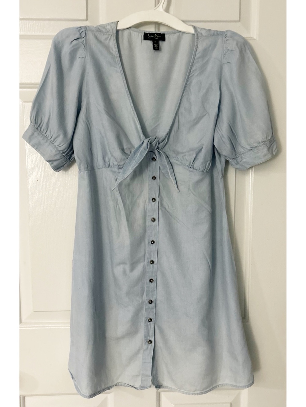 Jessica Simpson Women's Blue Tie-Up Front Short Puffy Sleeve Mini Dress, Size M